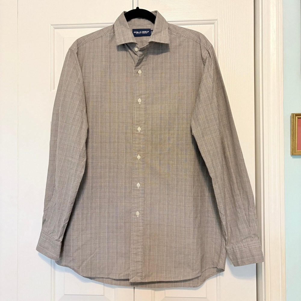 Polo Golf Ralph Lauren Mens Glen Plaid Long Sleeve Button Down Shirt Grey Tan